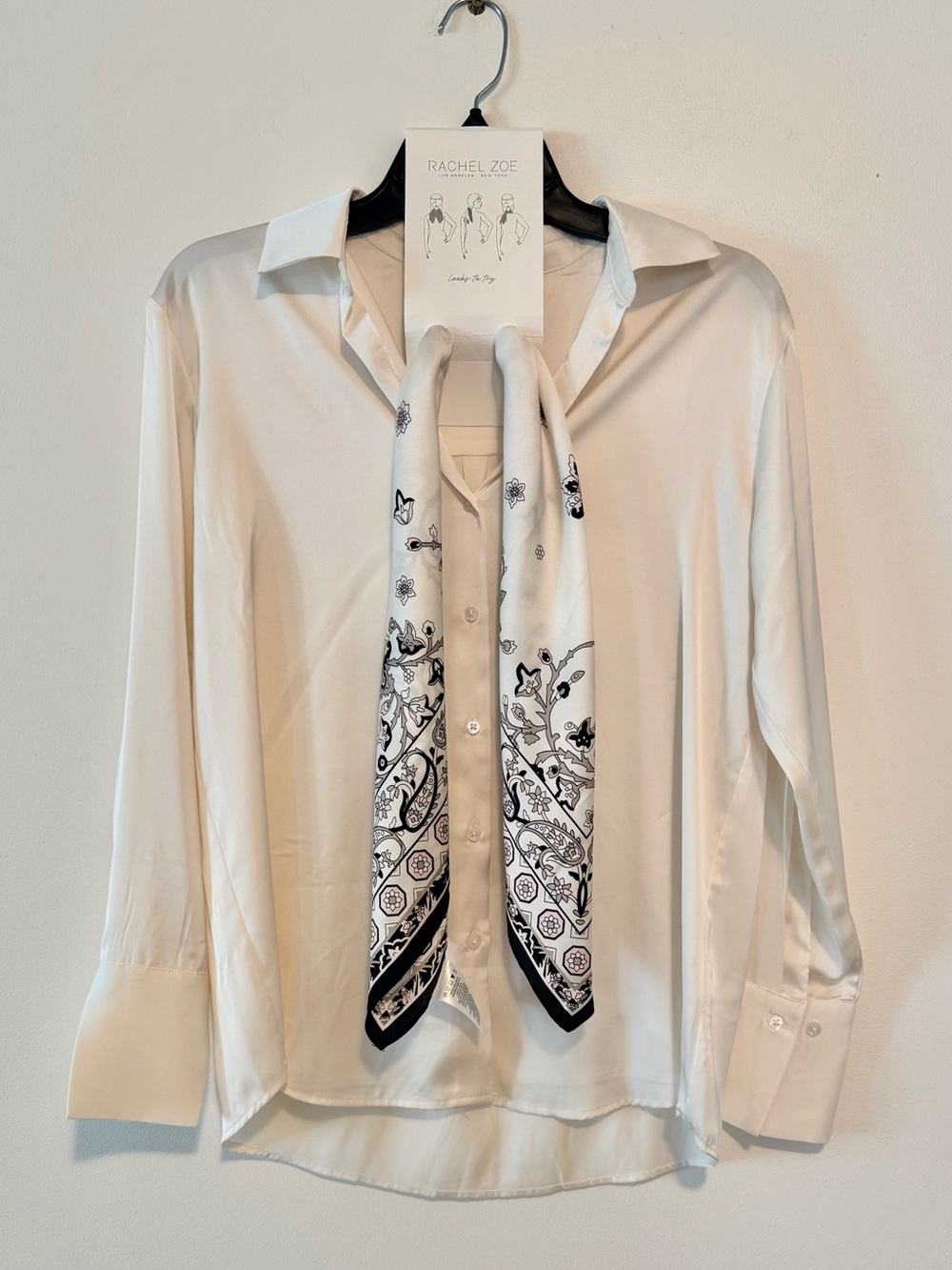Rachel Zoe Ivory Satin Button-Up Blouse with Black Paisley Scarf SZ.S
